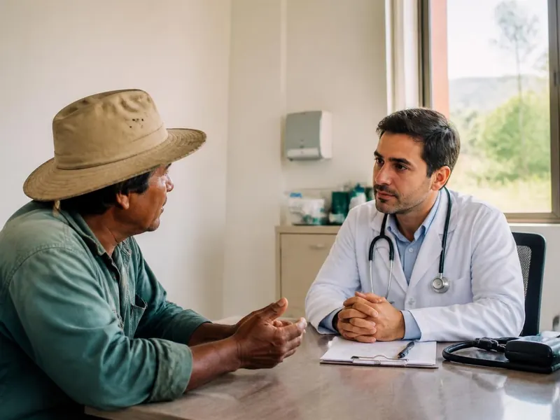 A physician talking with an agricultural worker about pesticide exposure in a clinic
