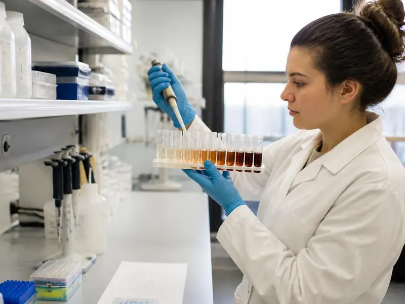 A technician holding a rack of test tubes with a dilution series for a dose response test