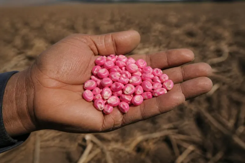 A farmer's open palm holding pink neonicotinoid-treated corn seeds above a plowed field