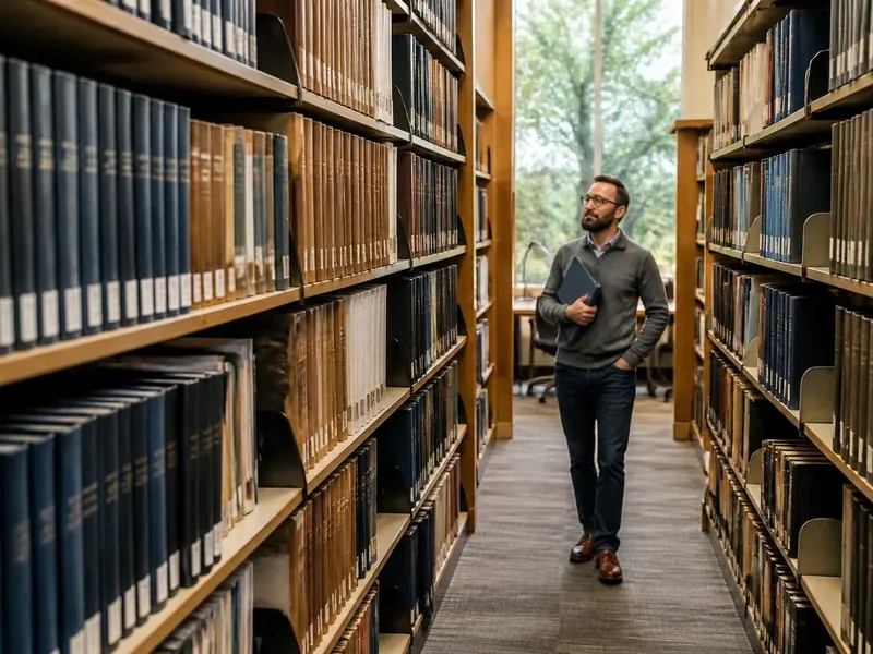 Shelves of bound toxicology reports in a public research library