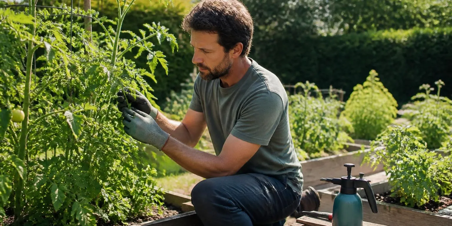 Gardener inspecting tomato plants in a vegetable garden to decide on organic pesticides