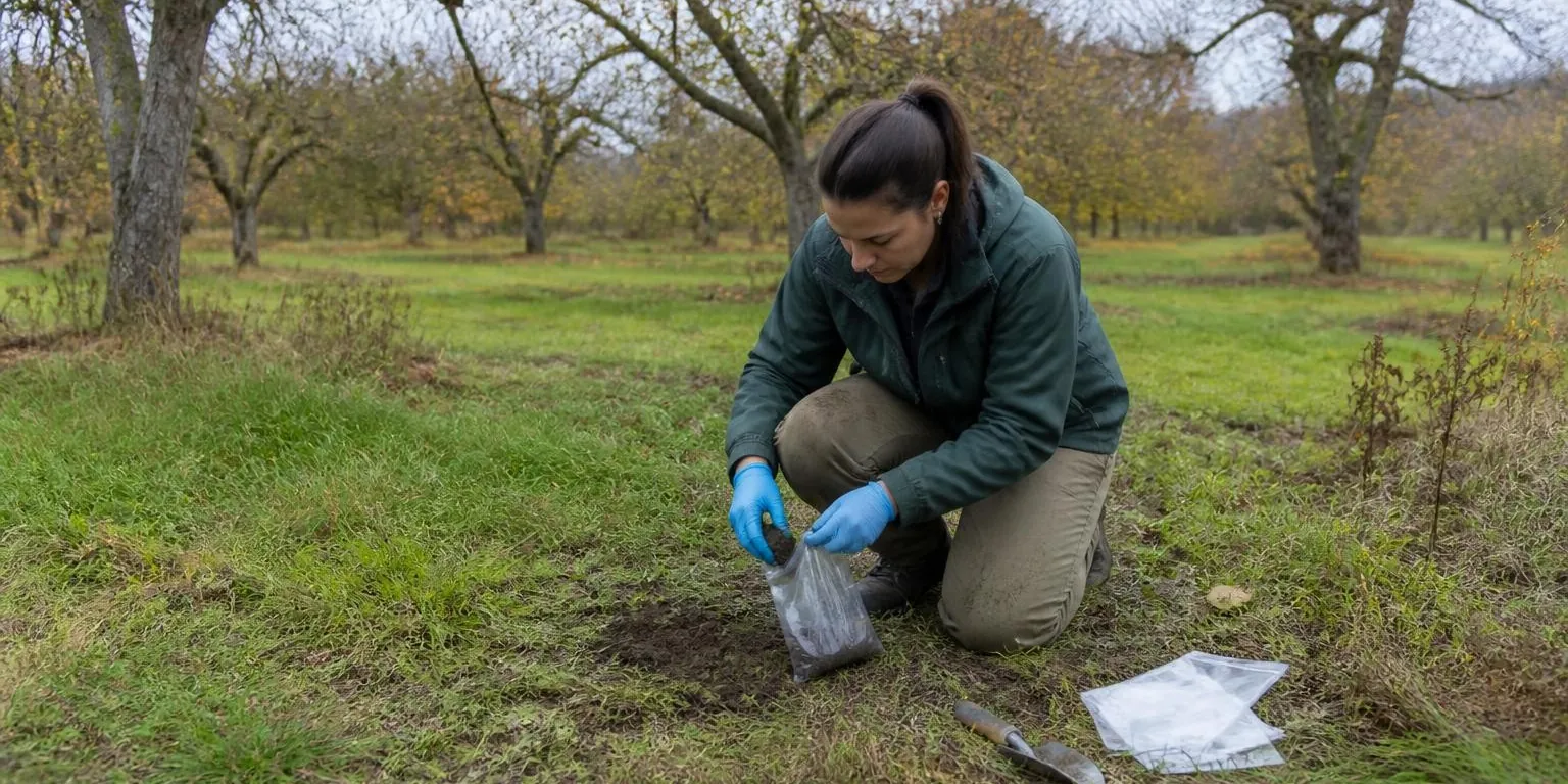 An environmental technician collecting a soil sample in an old apple orchard