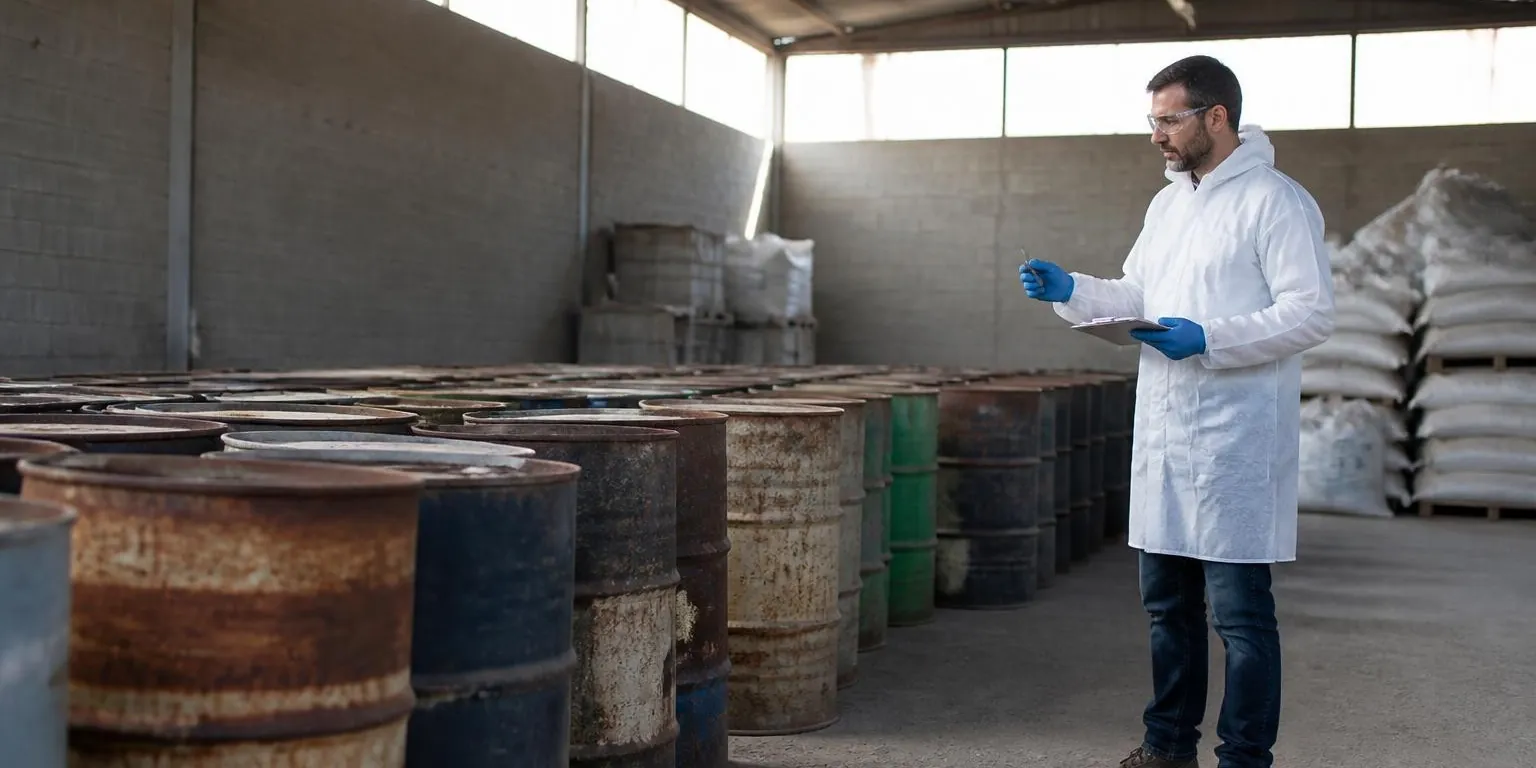 Scientist inspecting old drums of banned pesticide stored in a warehouse.