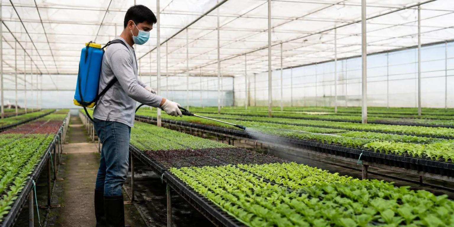 Greenhouse worker applying insecticide to rows of vegetable plants
