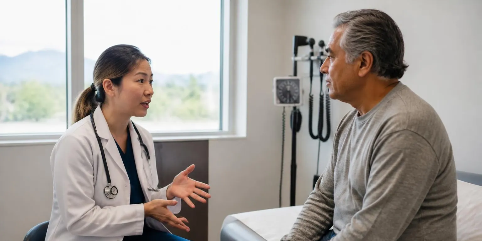 A physician talking with a patient in an exam room
