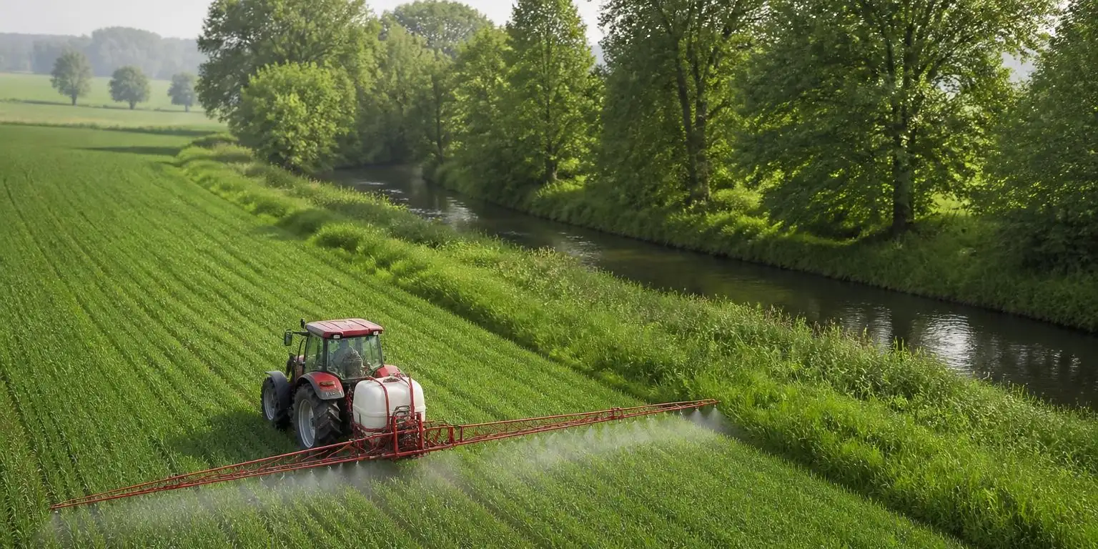 A crop sprayer tractor passing a stream and wooded edge