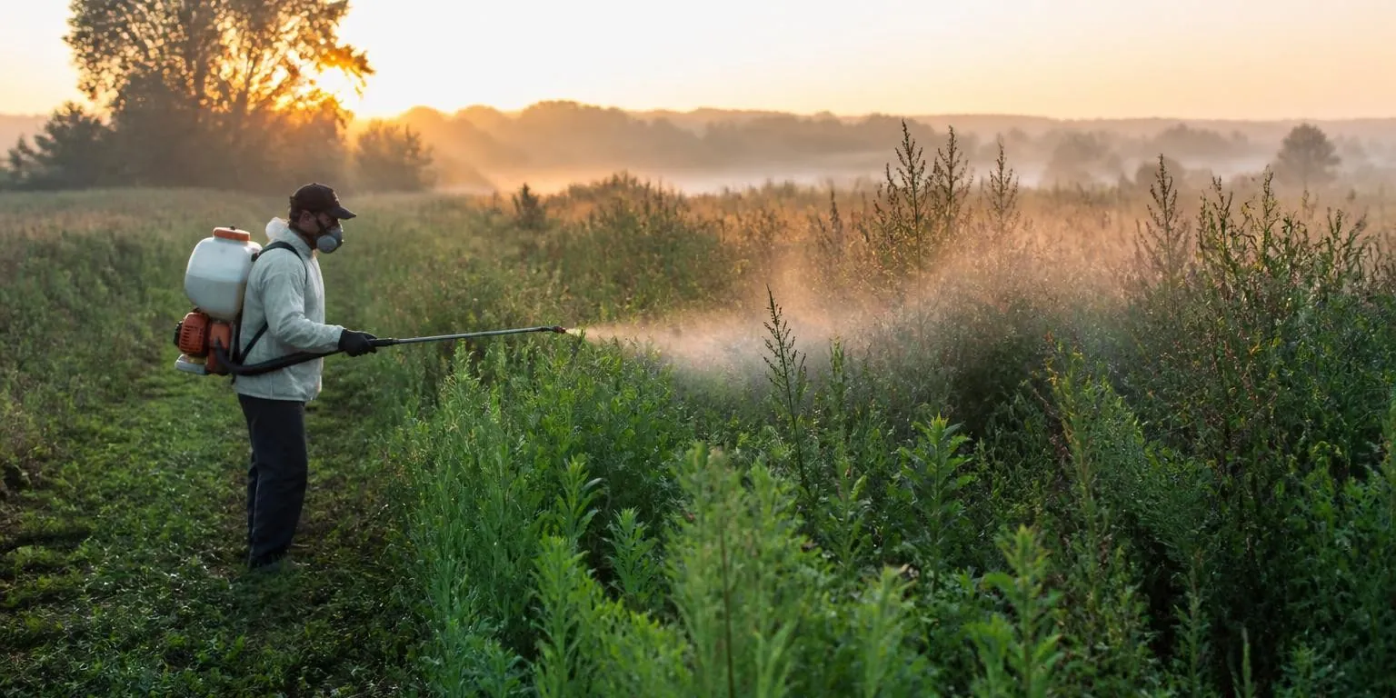 A person spraying a field with a backpack sprayer at dawn