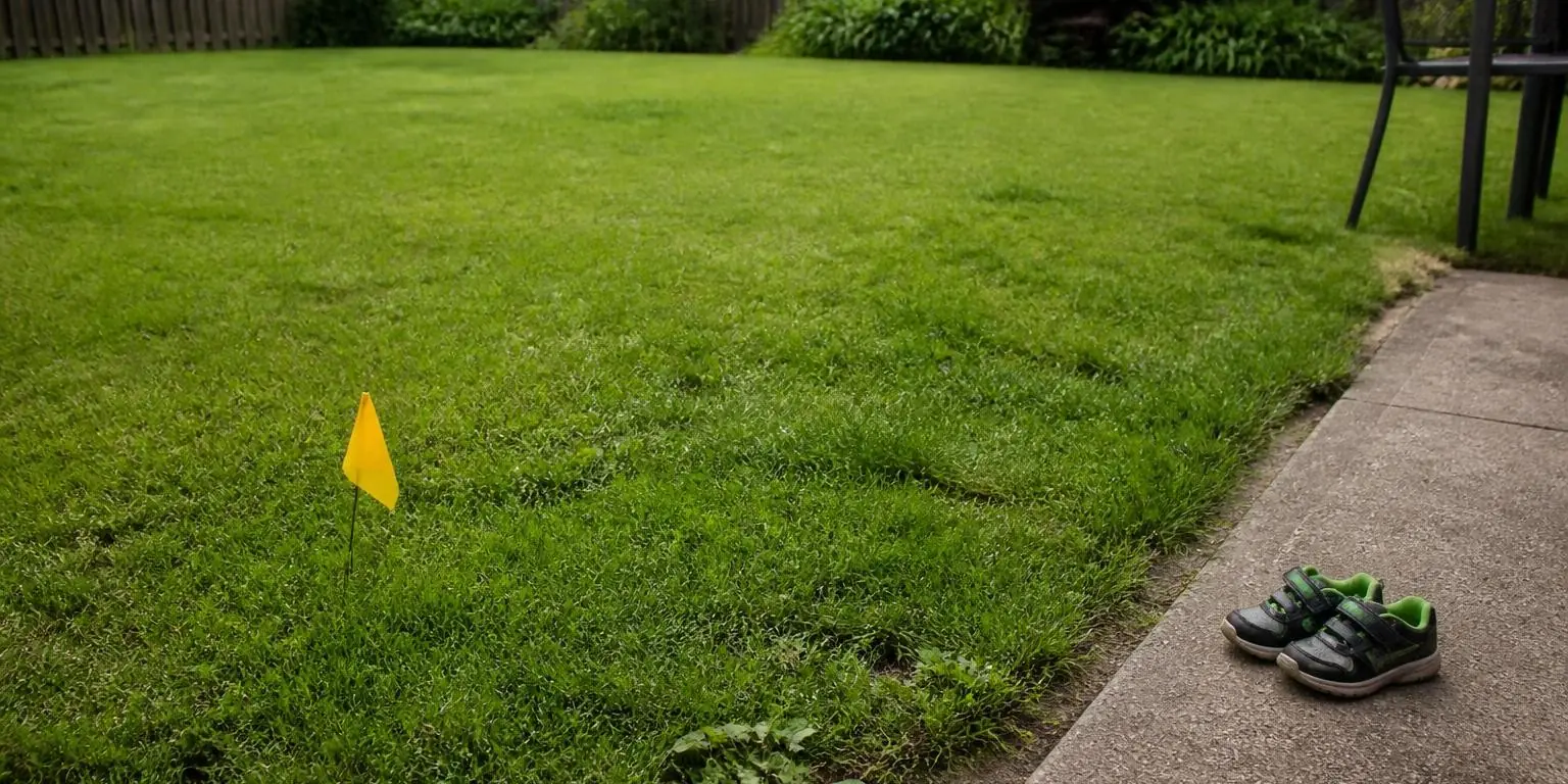 A child's bare feet on a lawn after lawn treatment with a warning flag