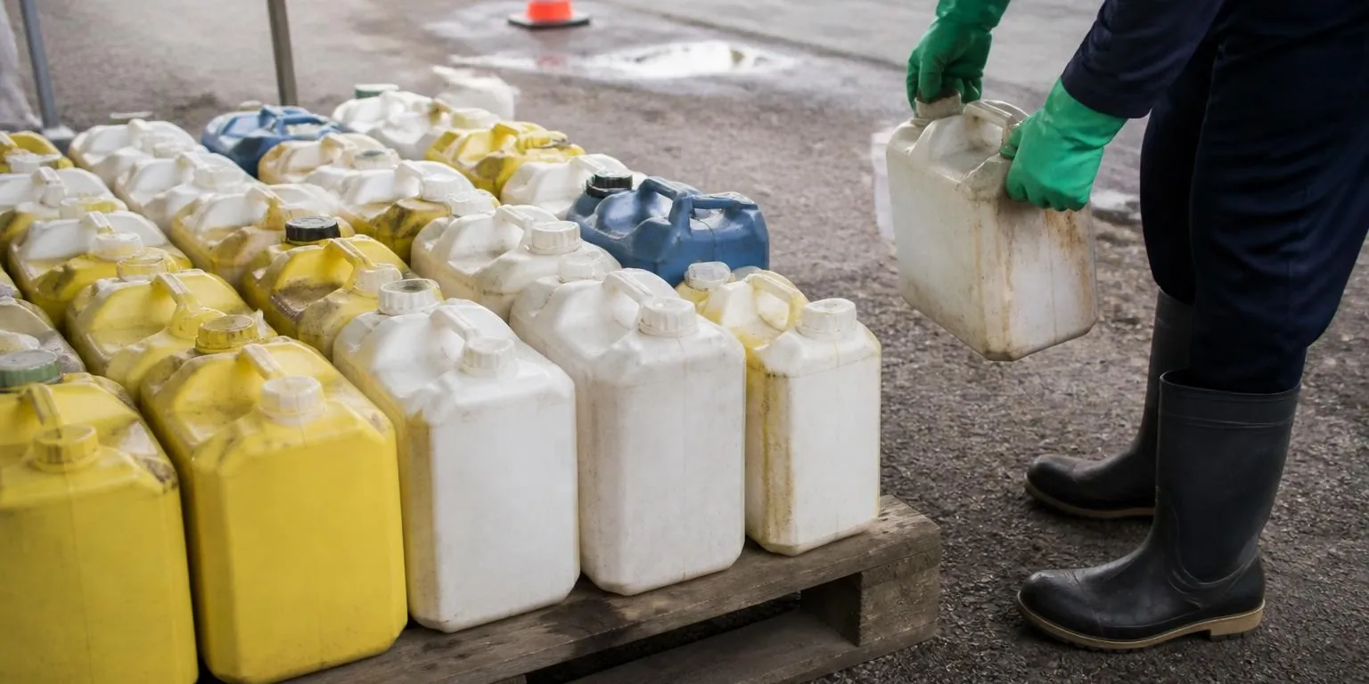 Sealed pesticide containers lined up at a hazardous waste collection site
