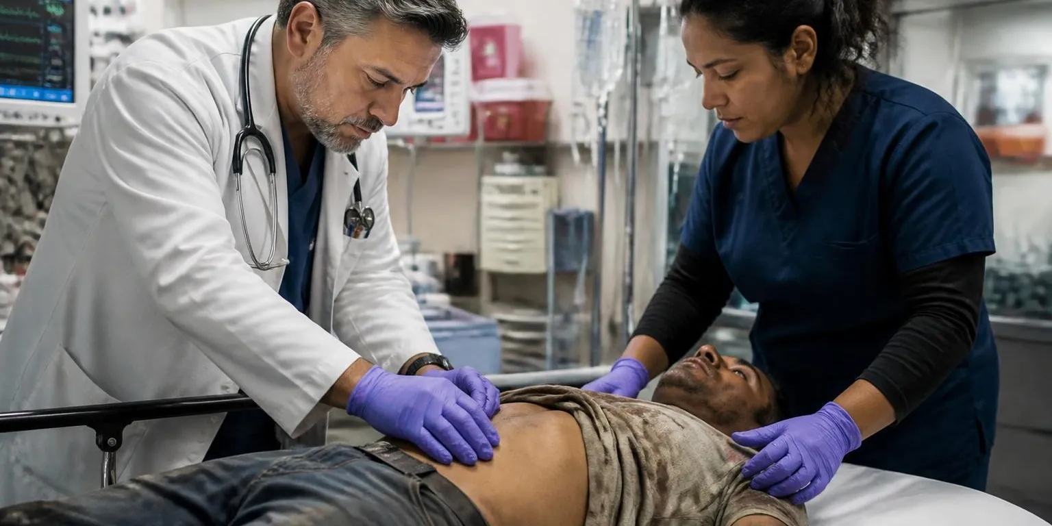 An emergency physician treating a worker on a stretcher