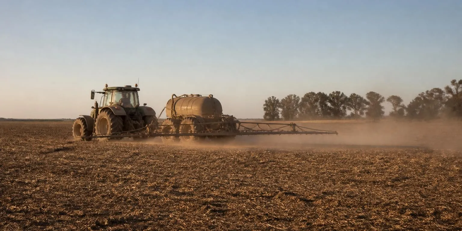 A herbicide sprayer on a tractor crossing a dry field