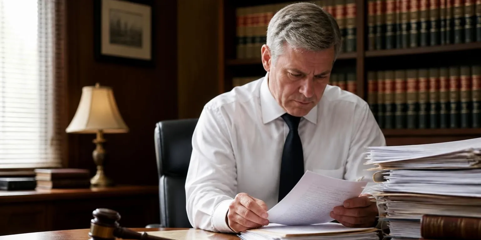 Lawyer reviewing case files at a desk with a gavel