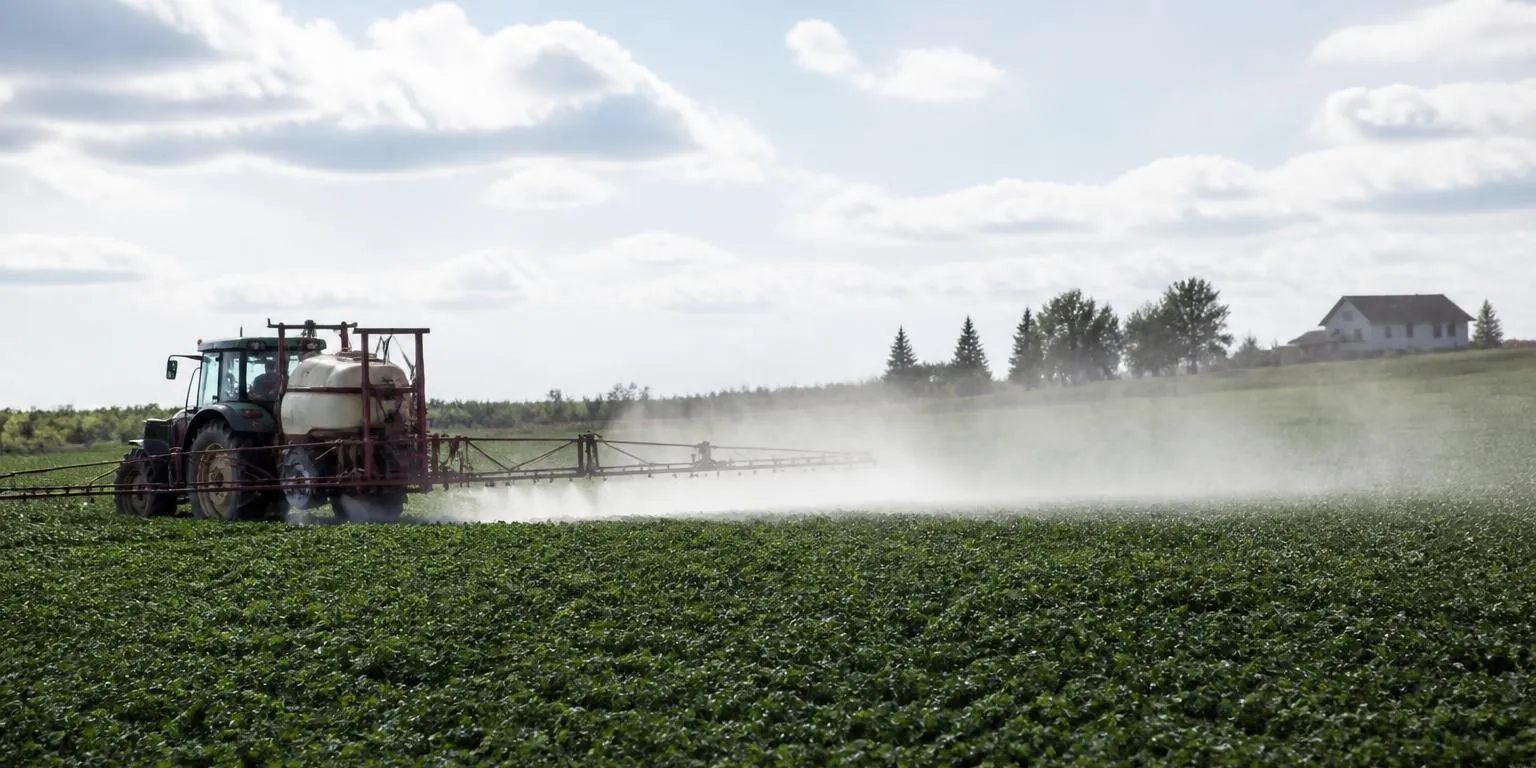 A sprayer applying pesticide over a crop field as a fine mist shows pesticide drift on the wind.