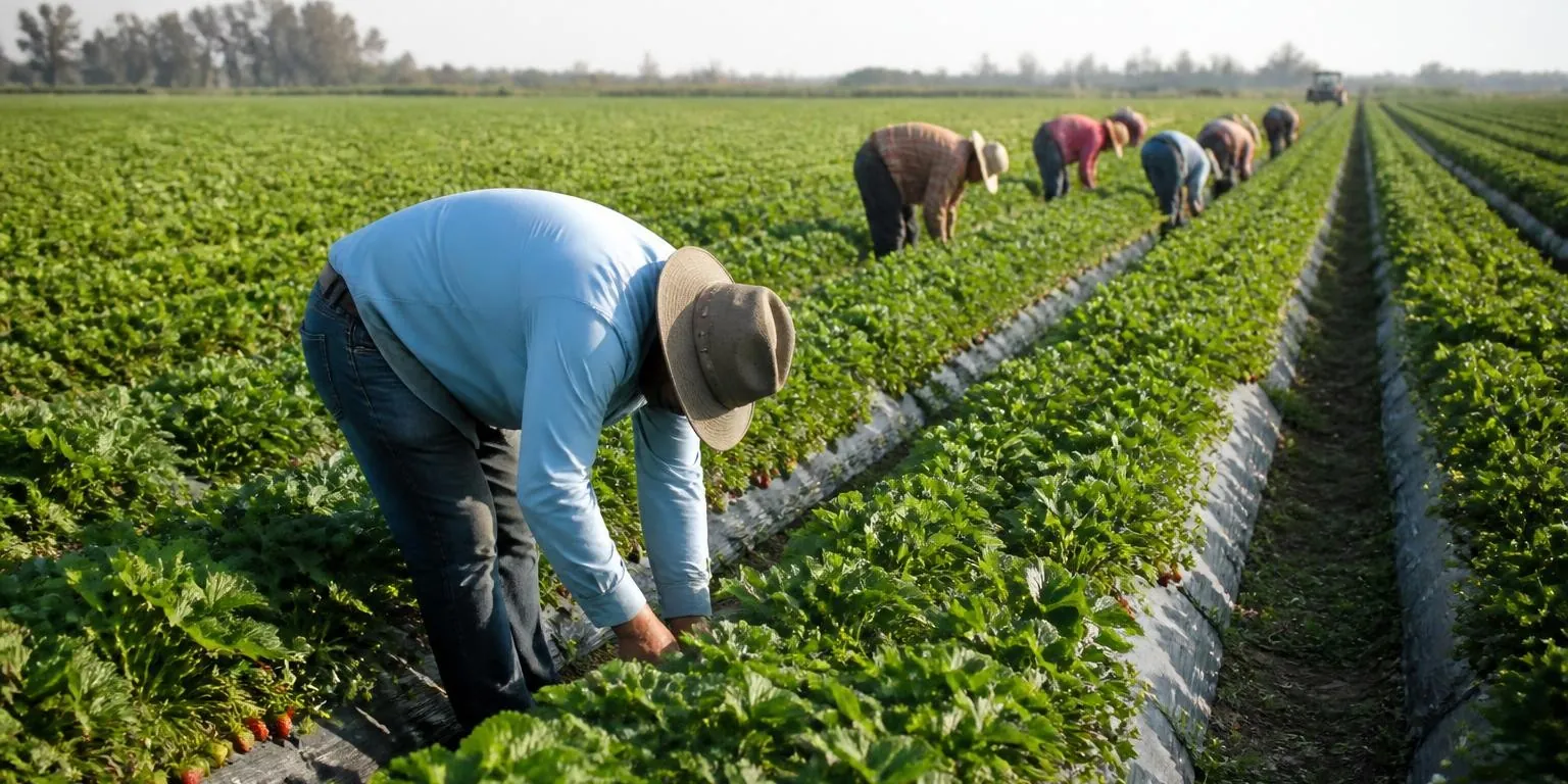 Farmworkers picking strawberries in a field in the morning