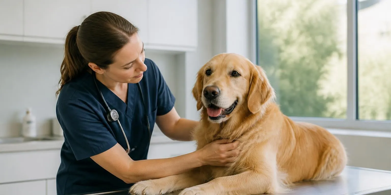 A veterinarian examining a golden retriever on a clinic table
