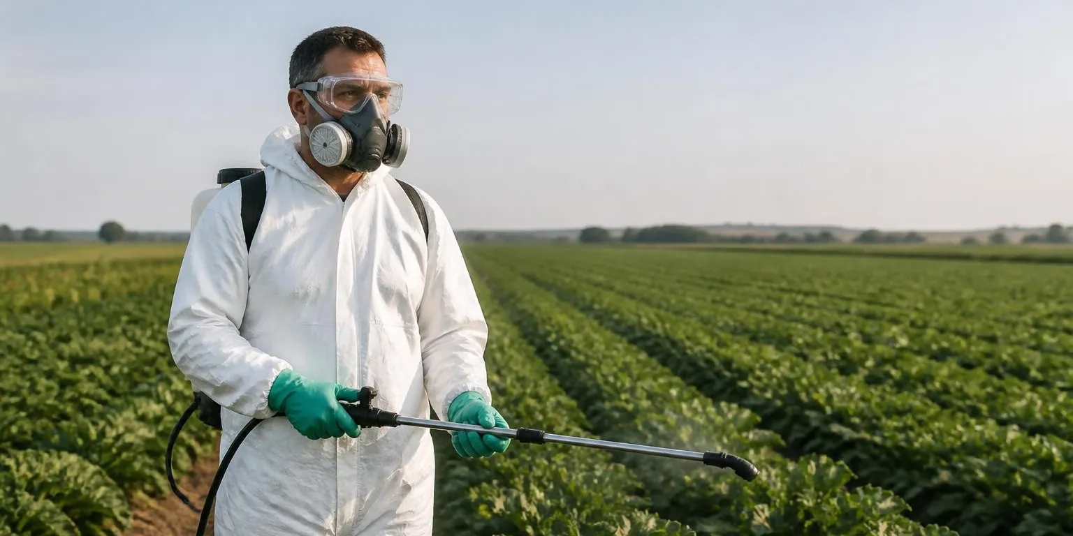 Pesticide handler wearing coveralls, gloves, goggles and respirator