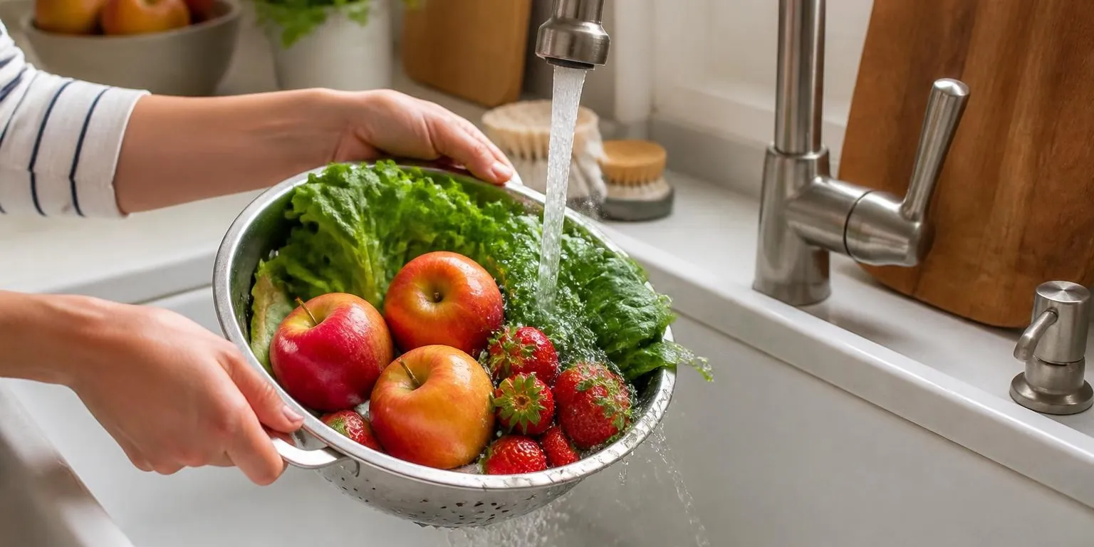 Fresh apples and leafy greens being rinsed under a tap in a kitchen sink