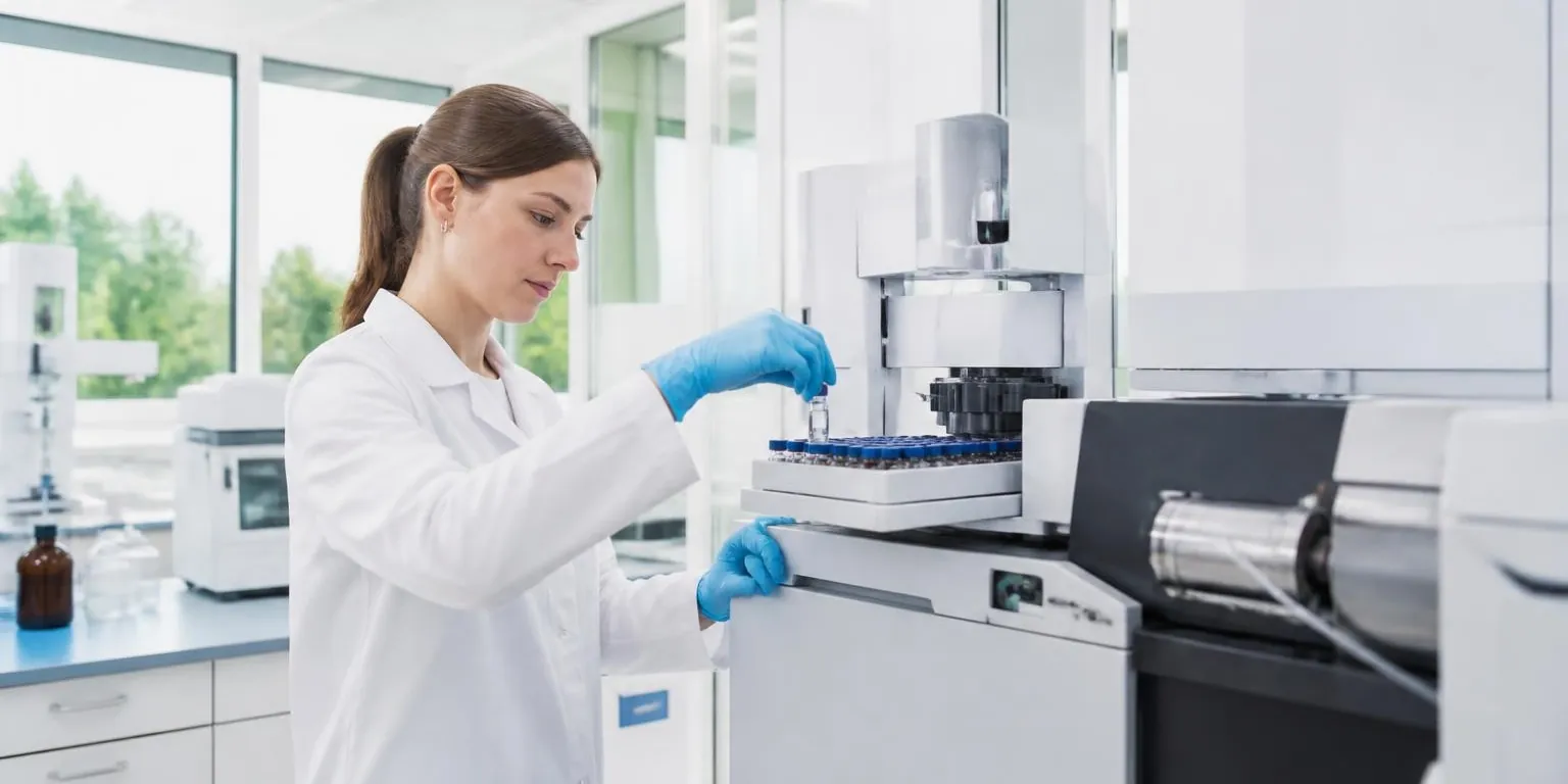 A lab technician loads sample vials into a mass spectrometer for pesticide residue analysis.