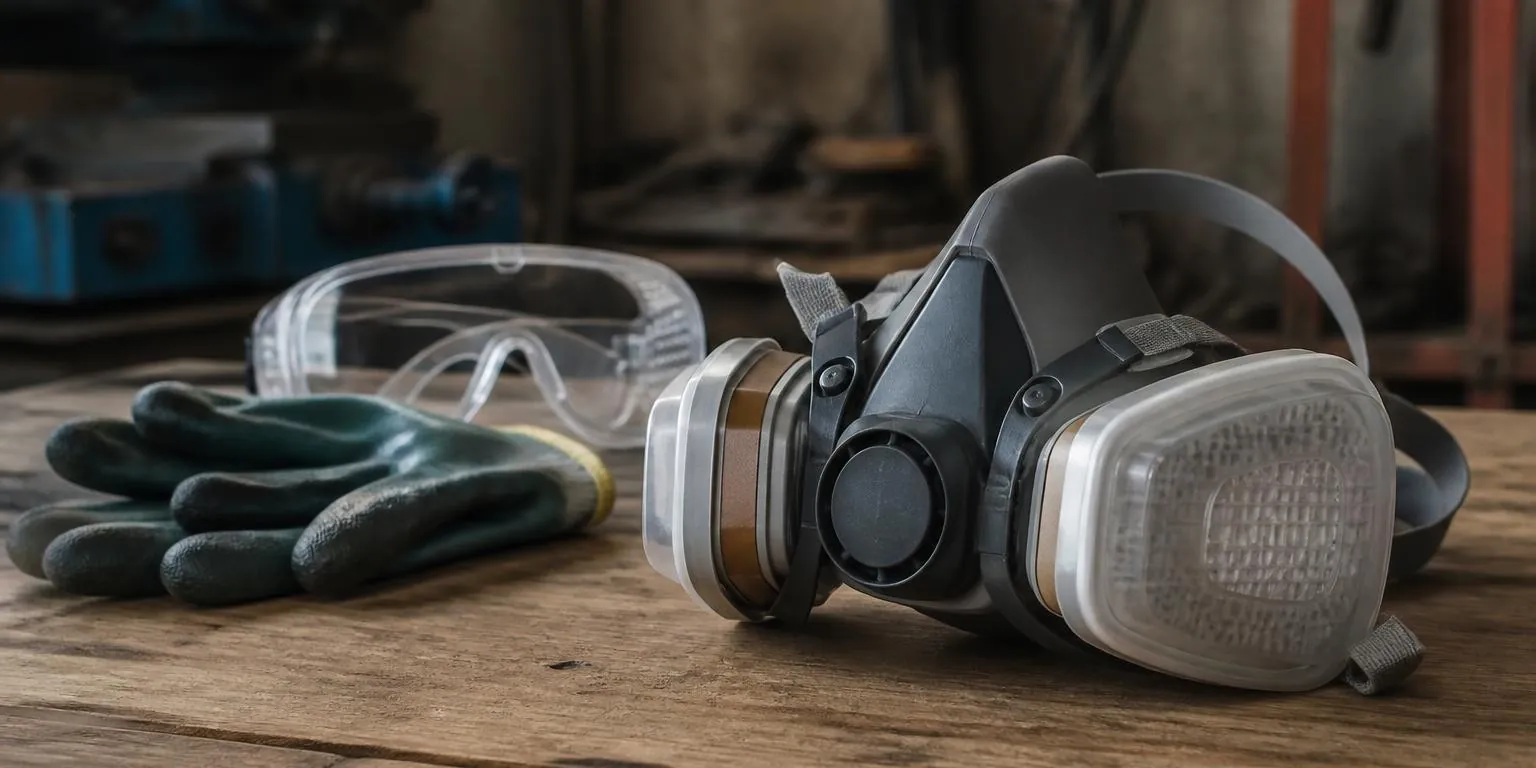 Close-up of a half-face respirator with cartridges on a workbench
