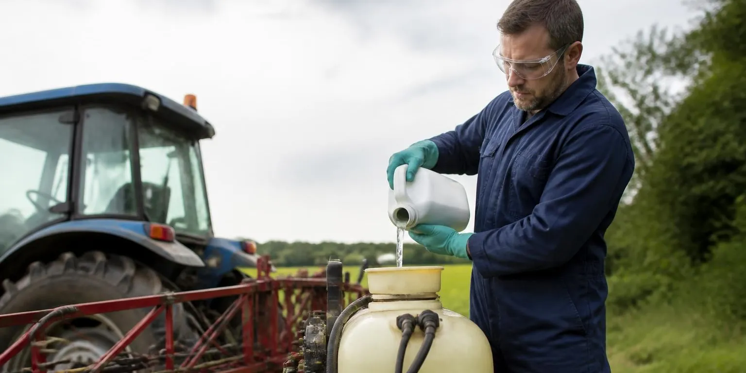 Farmer mixing pesticide wearing gloves and goggles outdoors