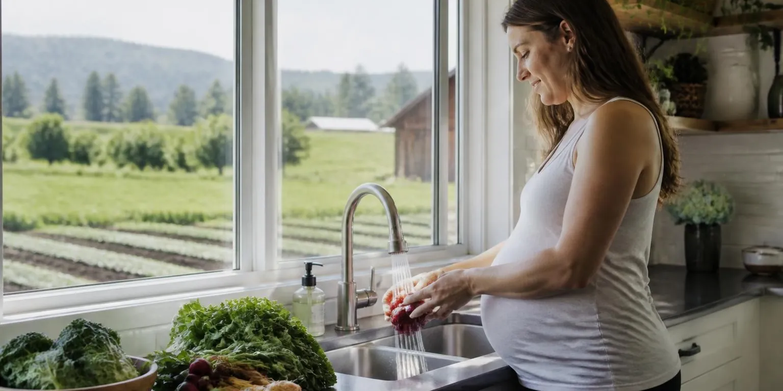 A pregnant woman washing fresh produce at a kitchen sink to reduce pesticide exposure during pregnancy.