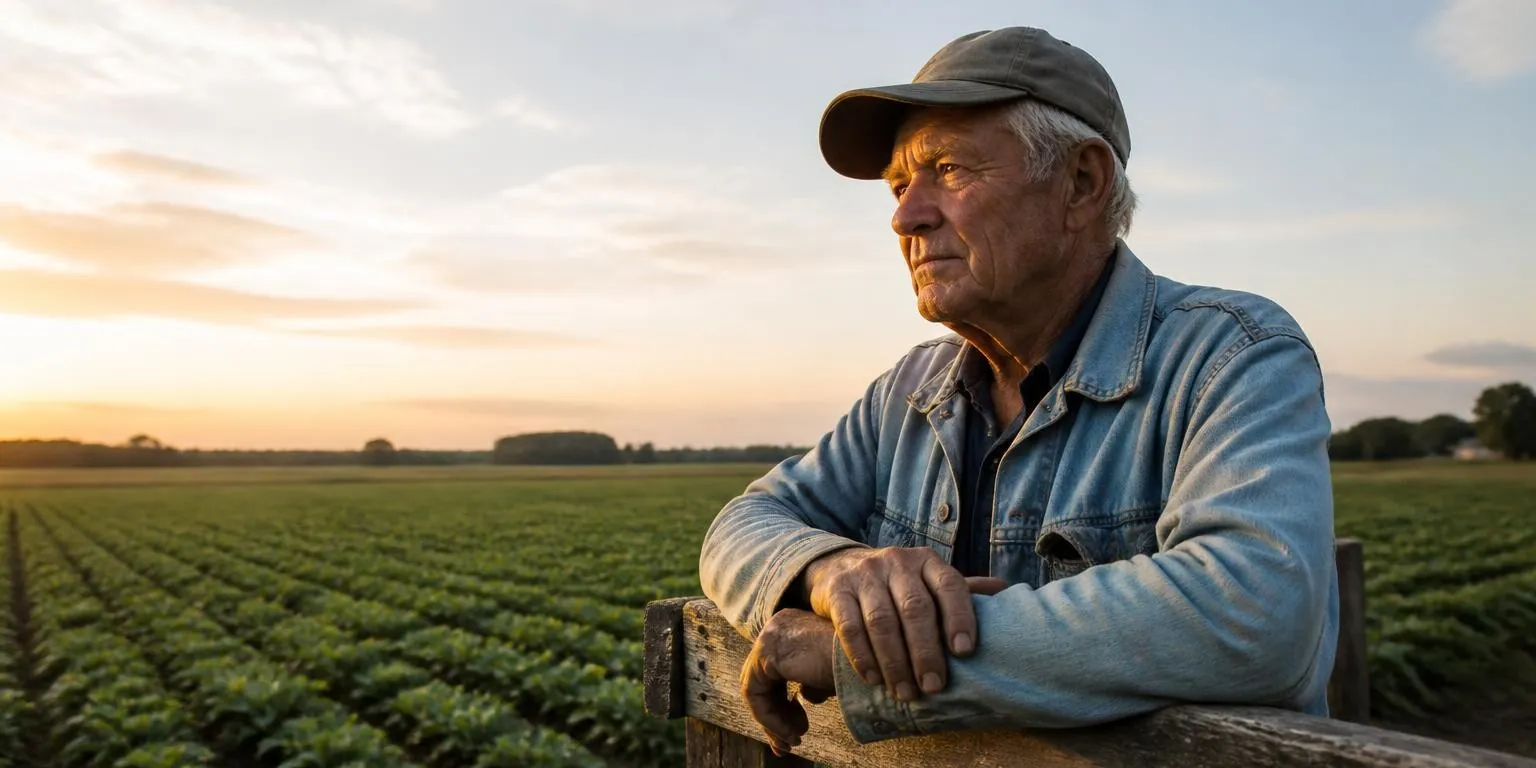An older farmer resting his hands on a fence at the edge of a sprayed field