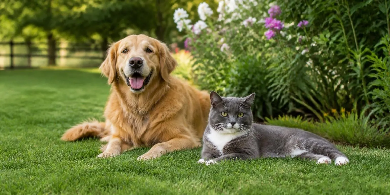 A dog and a cat on a lawn in a backyard garden