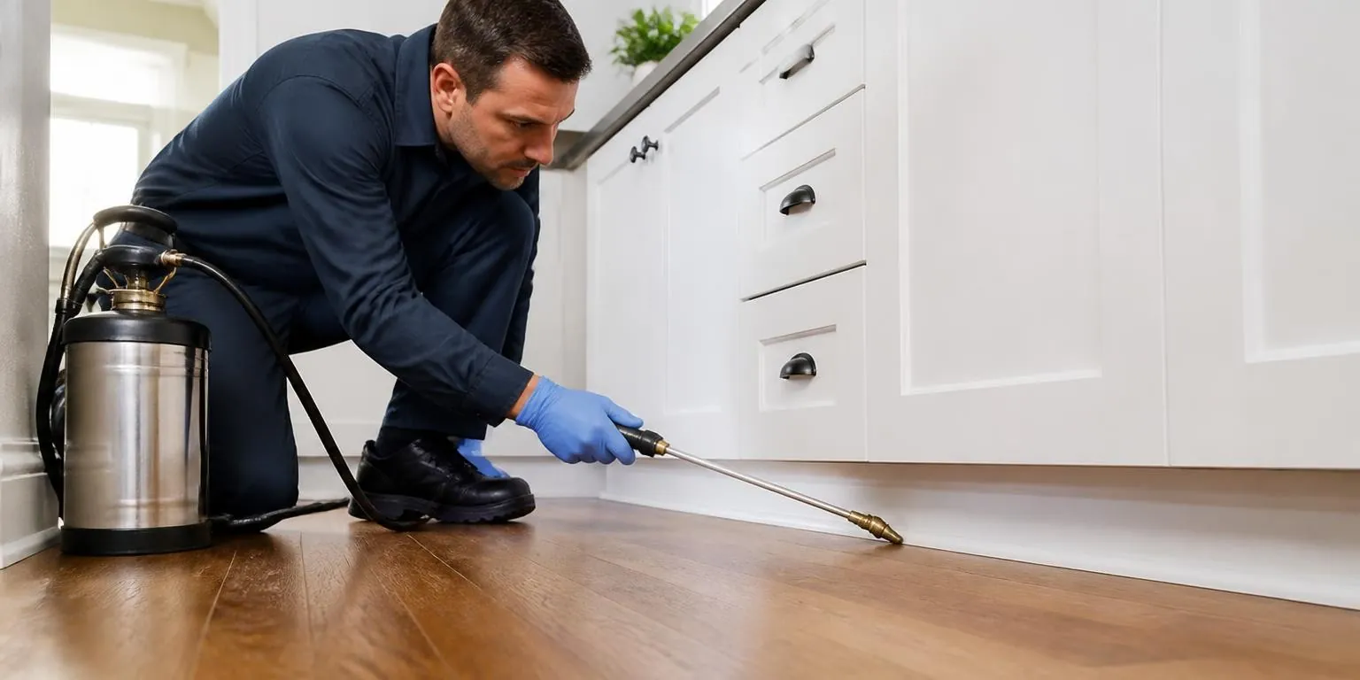 Hands applying pest control spray along a kitchen baseboard