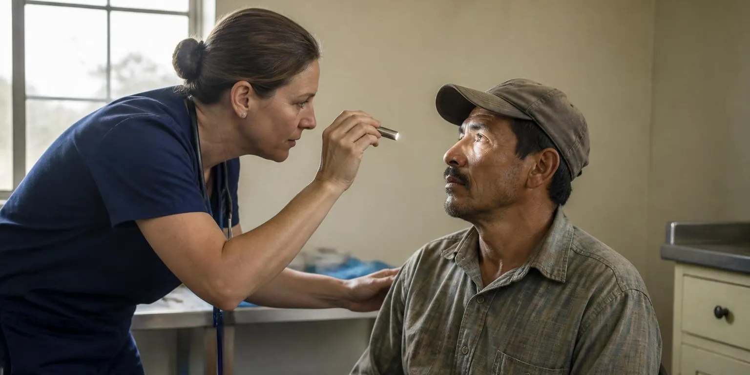 A nurse checks the pupils of a seated farmworker with a penlight in a small rural clinic