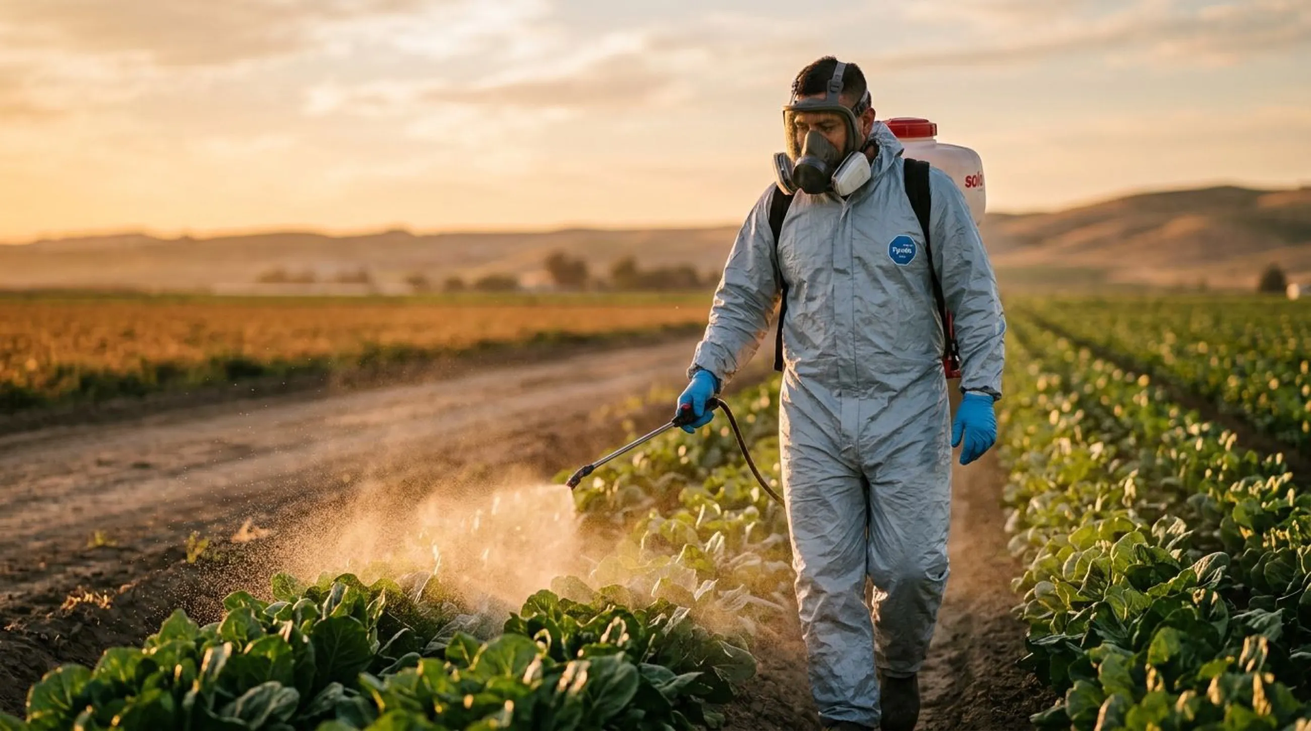 A pesticide applicator in full protective coveralls and a respirator spraying a row of crops at golden hour