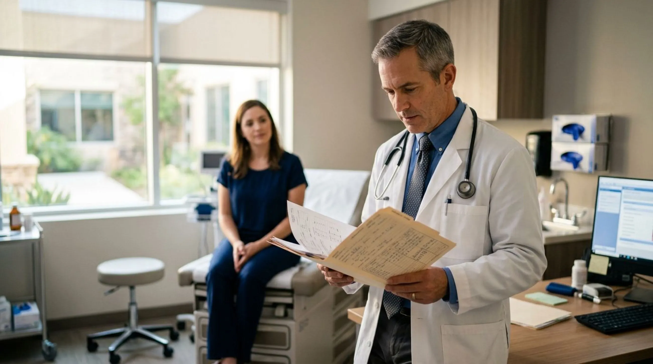 A physician reviewing a patient chart in a clinic exam room