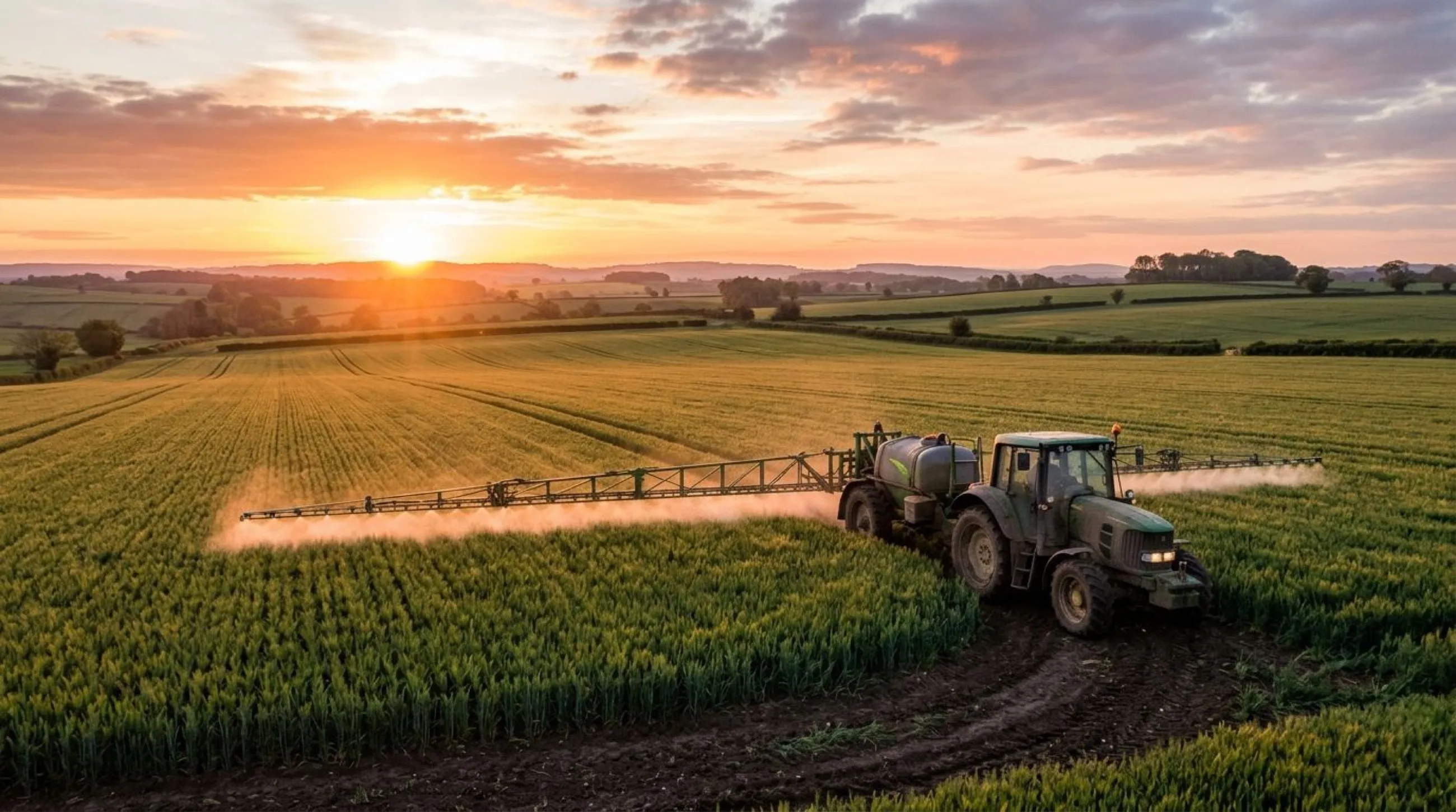 A tractor with a wide boom sprayer applying pesticide across a large farm field at sunrise